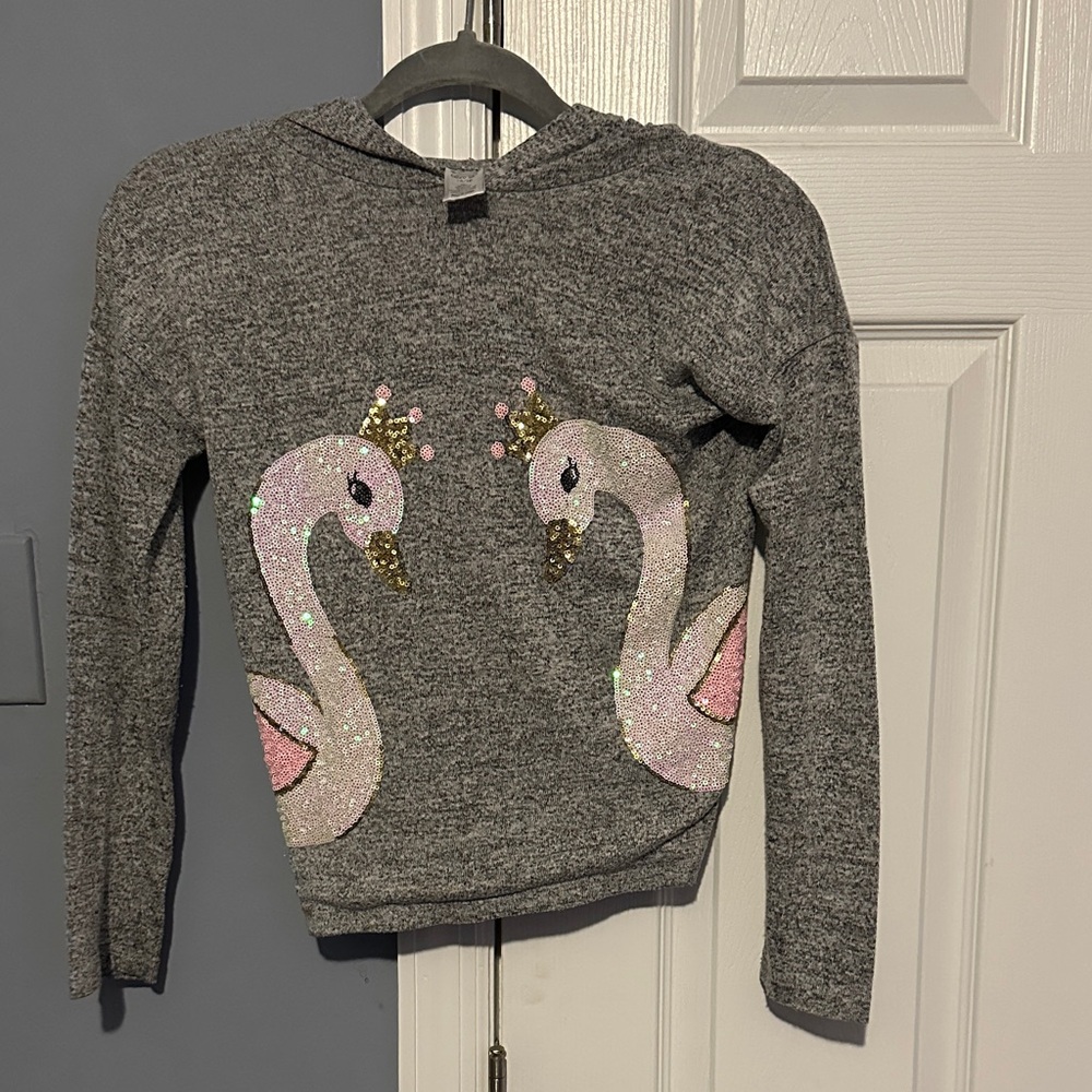 Adorable Gray Sweater with Pink and Gold Swan Design